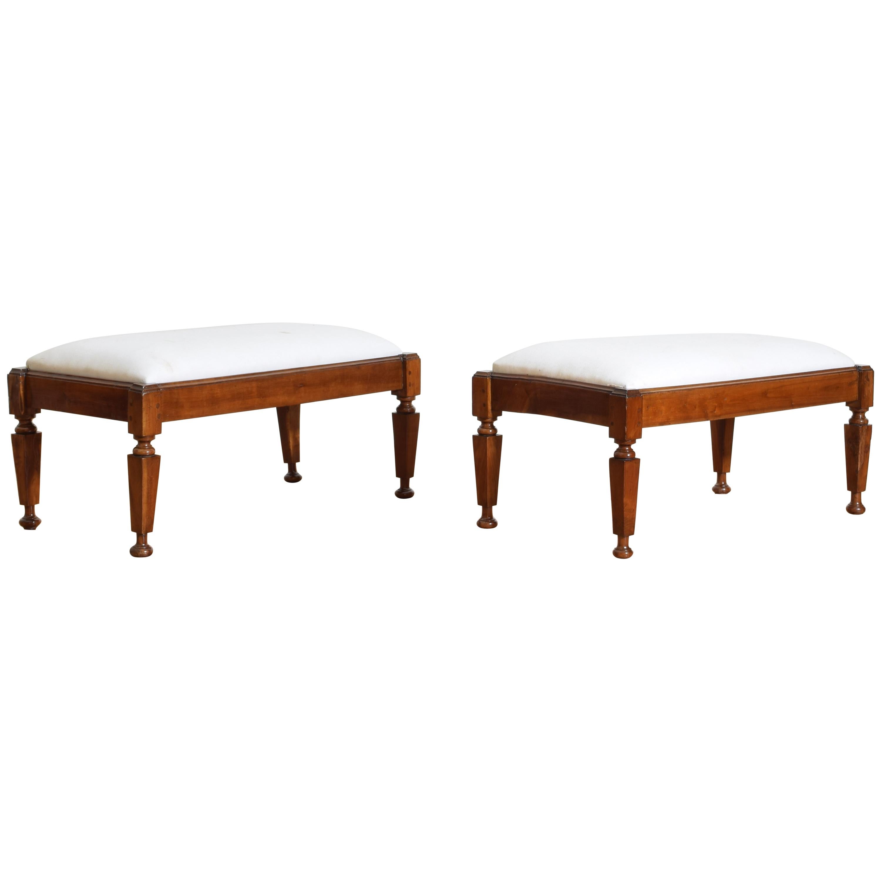 Pair of Italian Neoclassical Cherrywood Upholstered Low Benches
