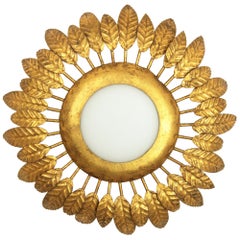 French 1950s Gilt Iron and Opaline Glass Flower Burst Sunburst Light Fixture