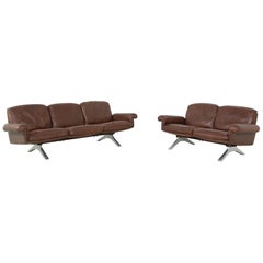 Vintage 1970s Vintage De Sede DS 31 Sofa Set Dark Cognac Brown Leather Couch