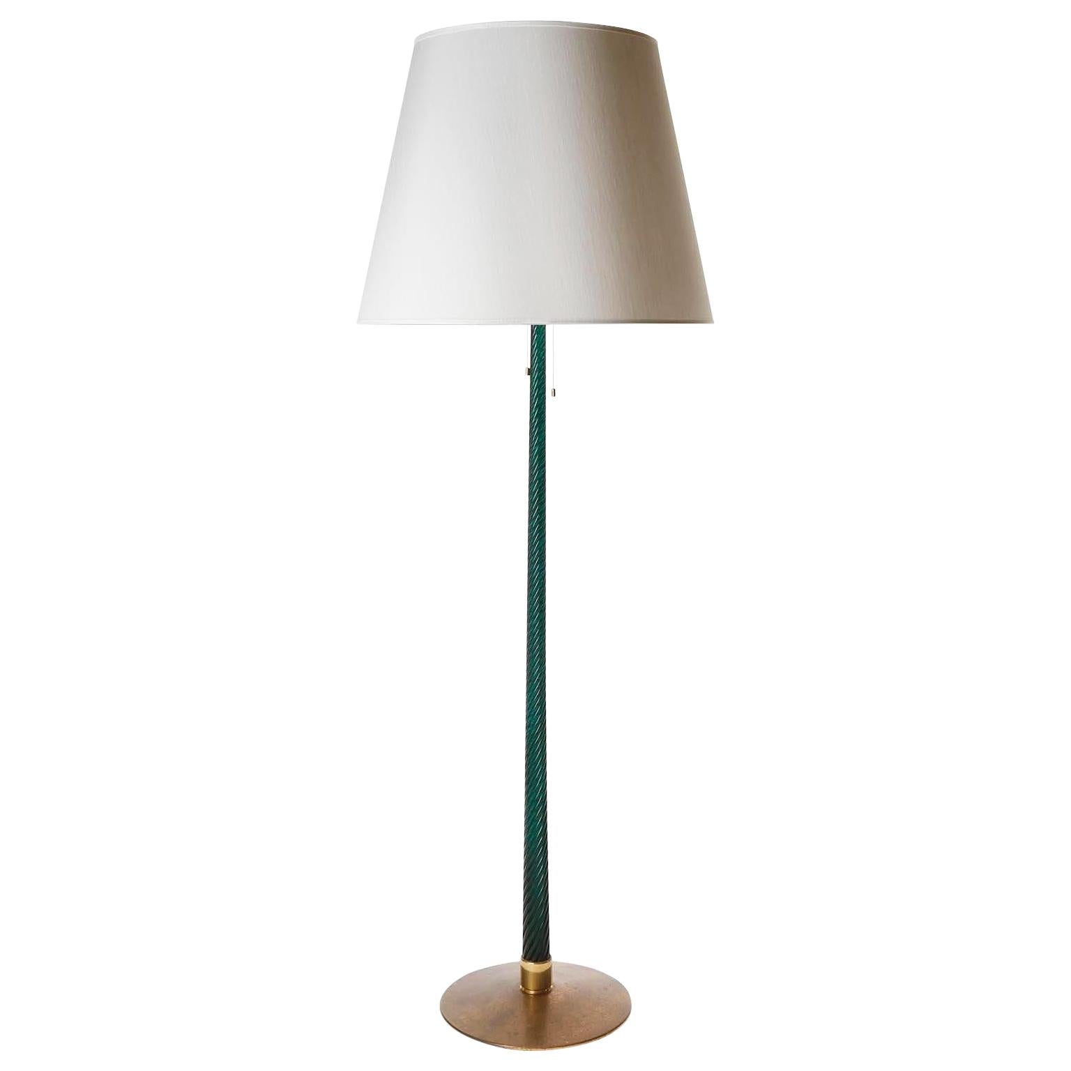 J.T. Kalmar Floor Lamp, Brass Emerald Green Murano Glass, 1960 For Sale