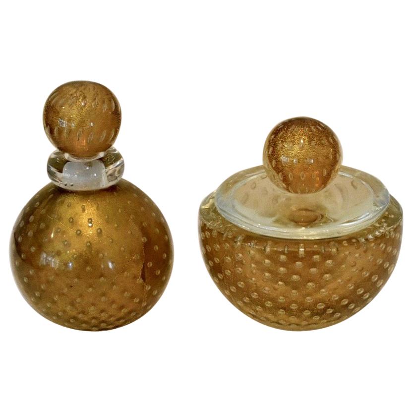 Murano Italian Glass Vanity Lidded Jar and Stoppered Vase Set by Seguso For Sale
