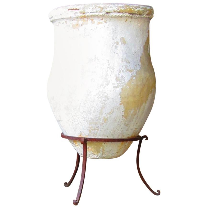 19th Century Antique Terracotta Jar Planter Anduze like Vessel on a Metal Base