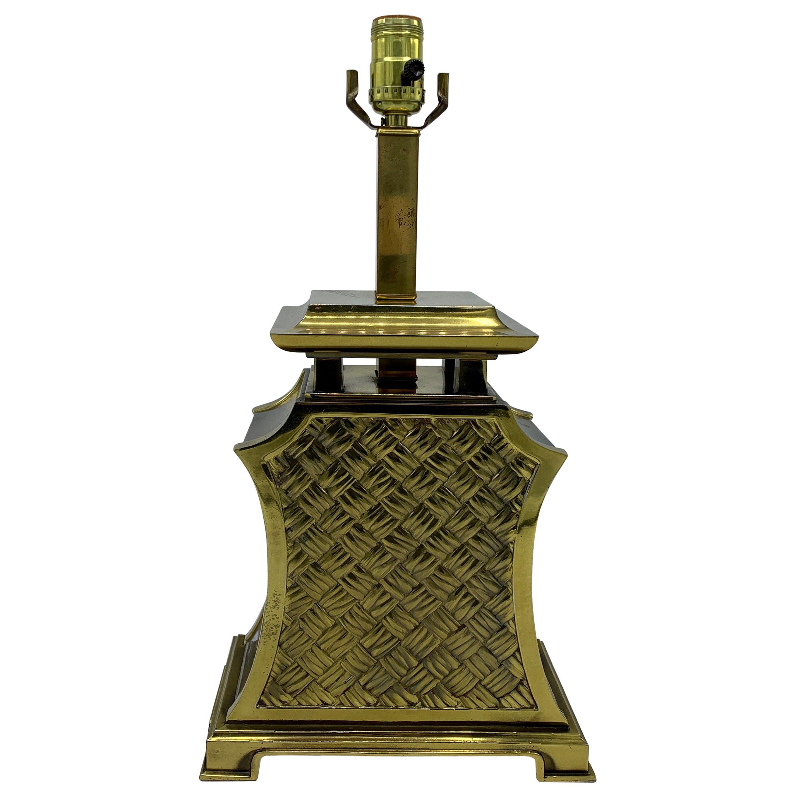 1980s Brass Pagoda and Basketweave Motif Lamp For Sale