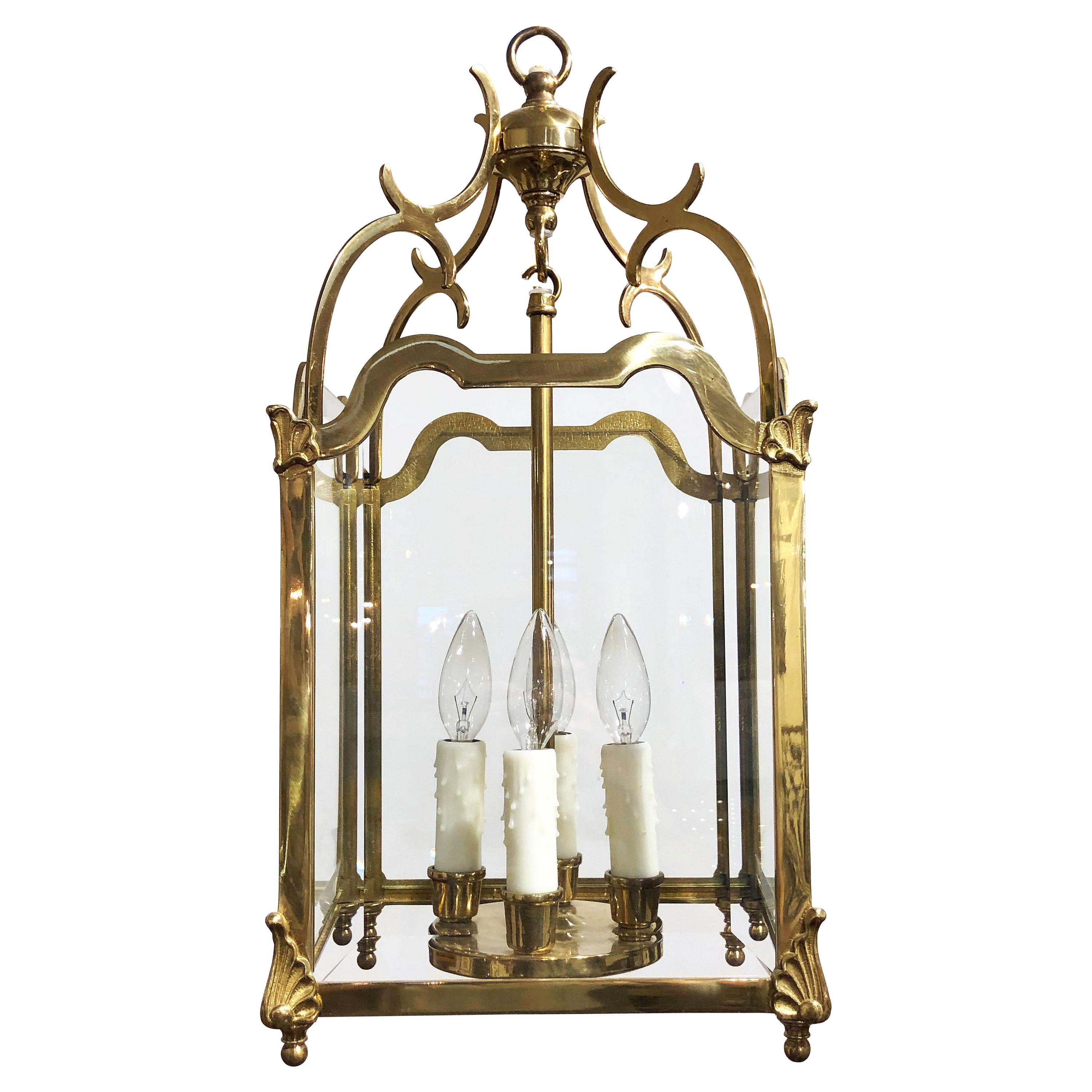 English Four-Light Hanging Lantern or Light Fixture of Brass with Beveled Glass