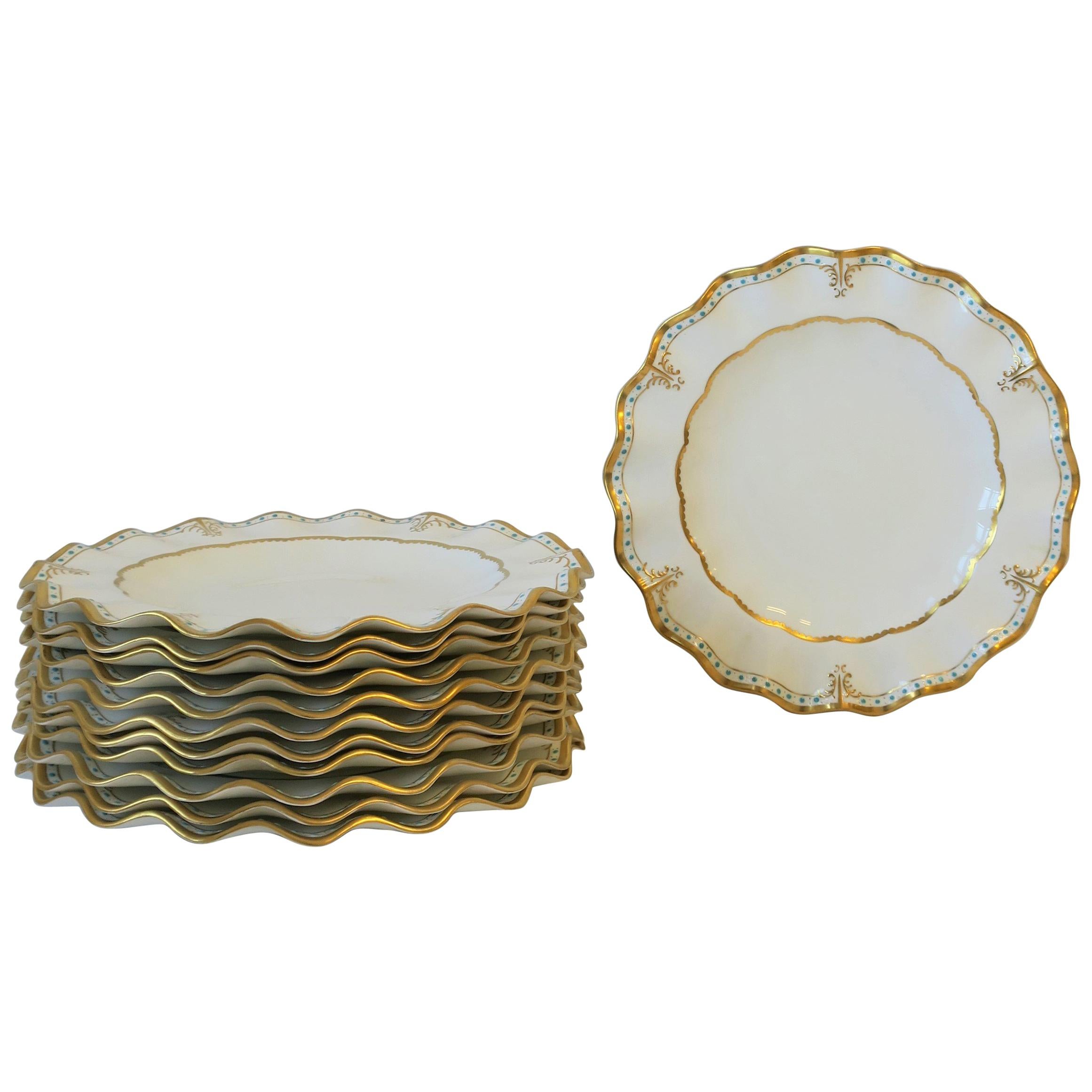 English Royal Crown Derby Porcelain Dinner Plates in White and Gold, Set of 12