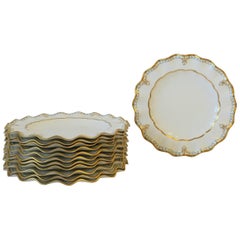 Vintage English Royal Crown Derby Porcelain Dinner Plates in White and Gold, Set of 12