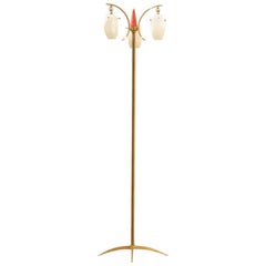 Midcentury Italian Design, Suspended Opaline Glass and Brass Floor Lamp