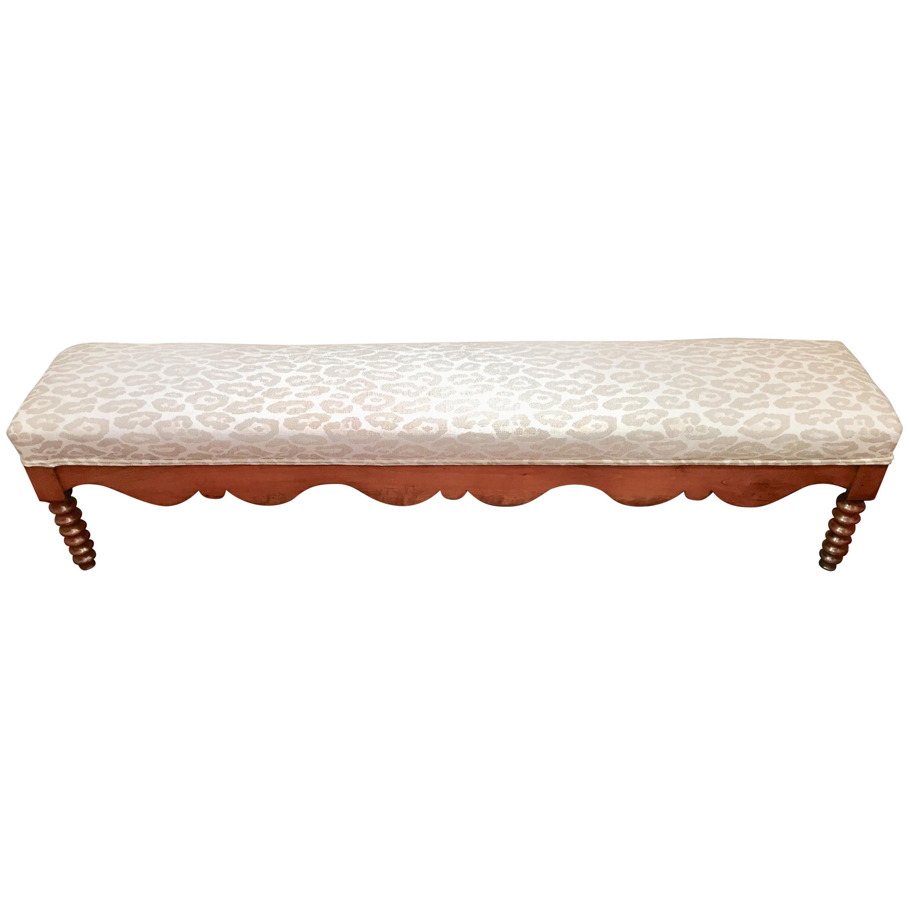 Delightful 6 Foot Long Antique Scalloped Wood Bench with Animal Print Upholstery