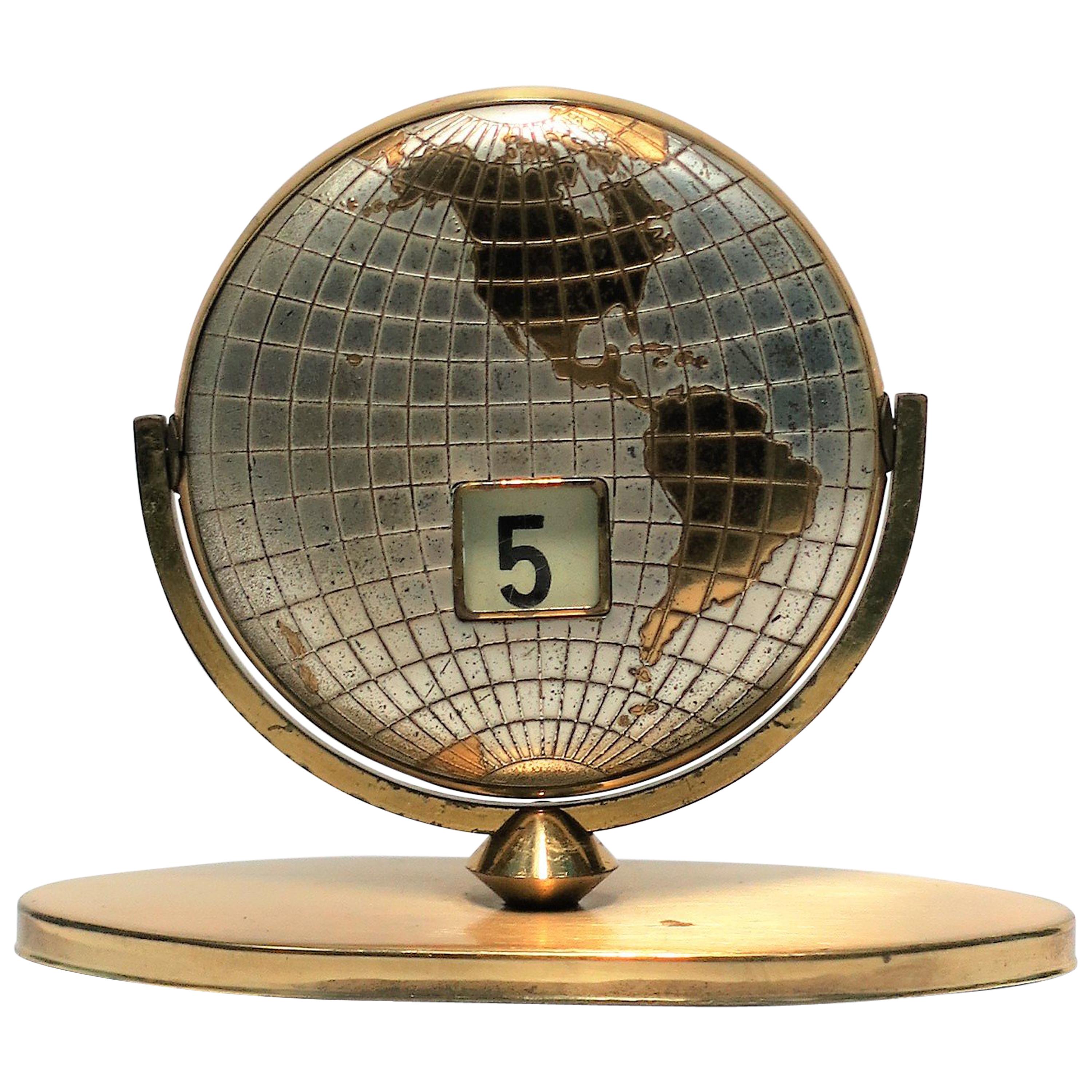 Midcentury Modern Brass World Globe Desk Calendar