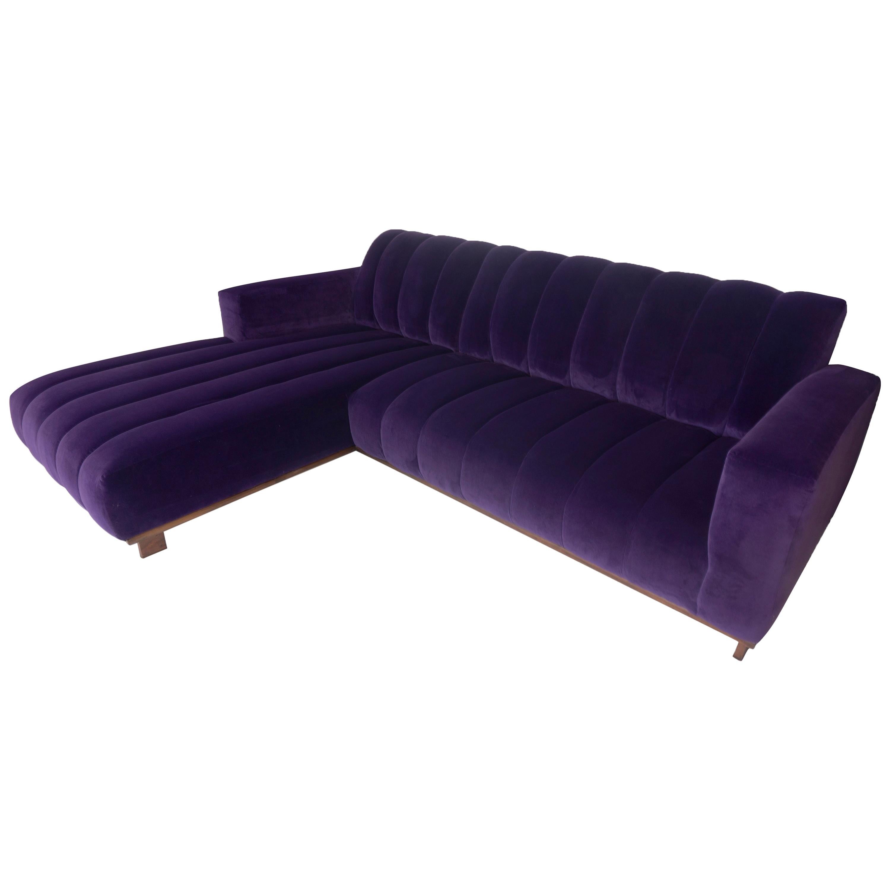 Modern Two-Piece Sectional Sofa with Channeled Velvet Upholstery