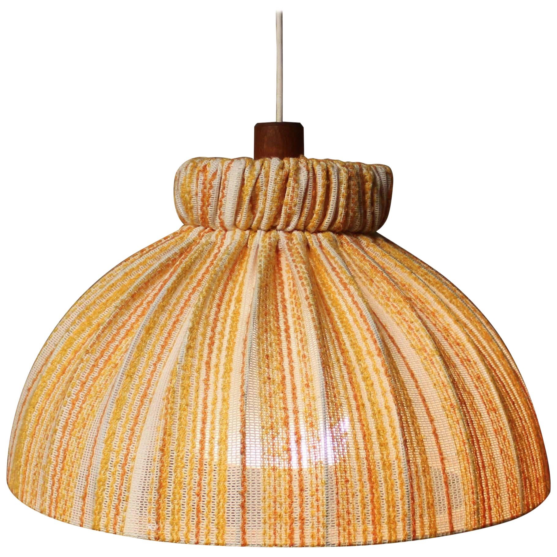 Mid-Century Modern Hanging Teak Ceiling Light with Large Fabric Shade
