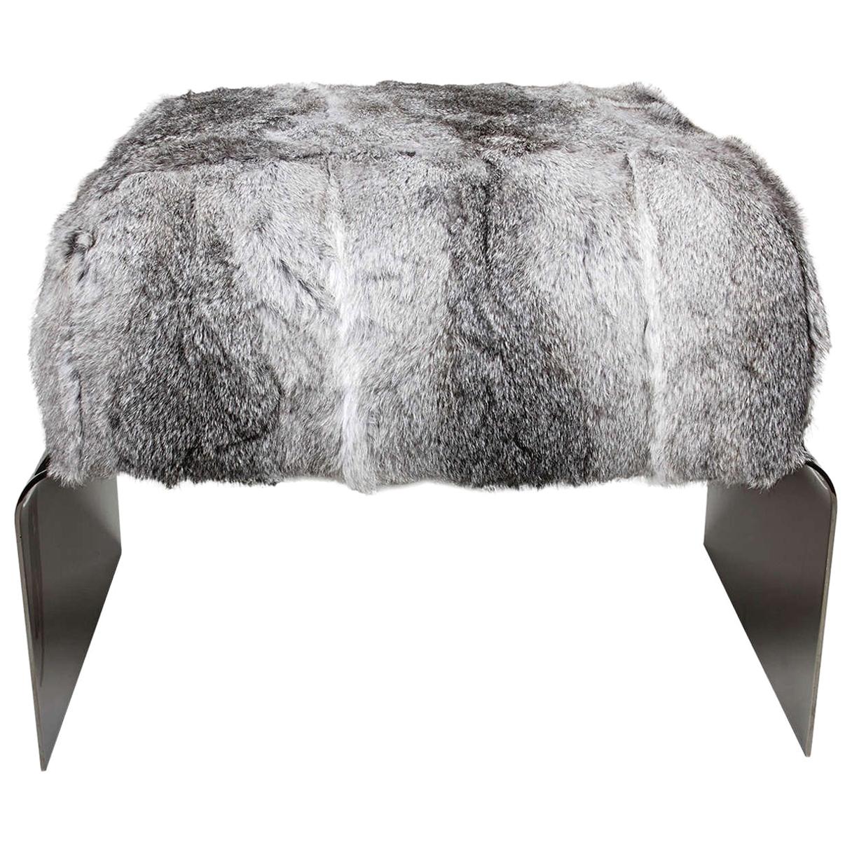 Rabbit Fur Luxury Ottoman Bench with Steel Base in Black Nickel For Sale