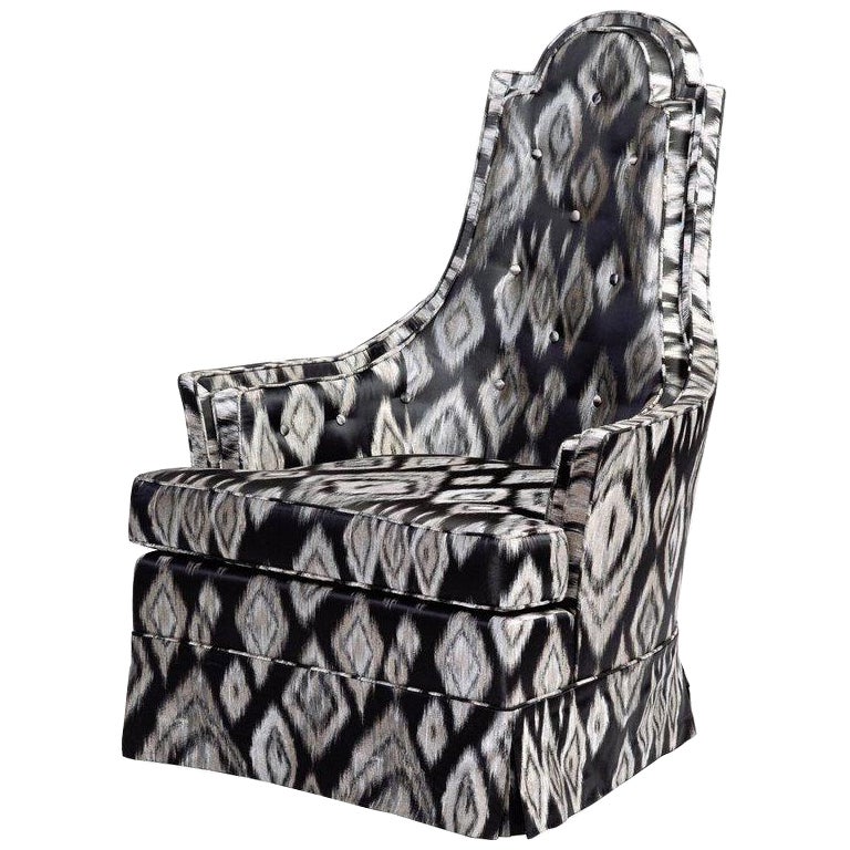 Mid-Century Modern Skirted High Back Chair in Black and Silver Ikat. c. 1960's For Sale
