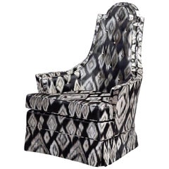 Vintage Mid-Century Modern Skirted High Back Chair in Black and Silver Ikat. c. 1960's