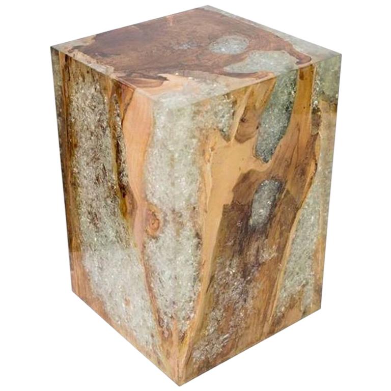 Organic Modern Bleached Teak Wood and Resin Side Table