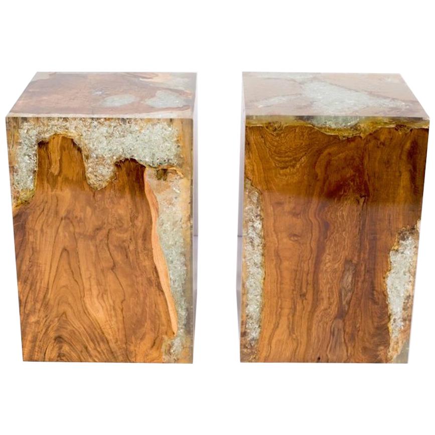 Pair of Organic Modern Bleached Teak Wood and Resin Side Tables