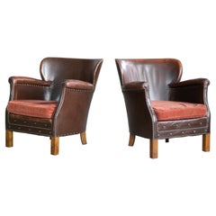 Otto Schulz Style Danish 1930s Pair of Club Chairs Brass Studded Brown Leather