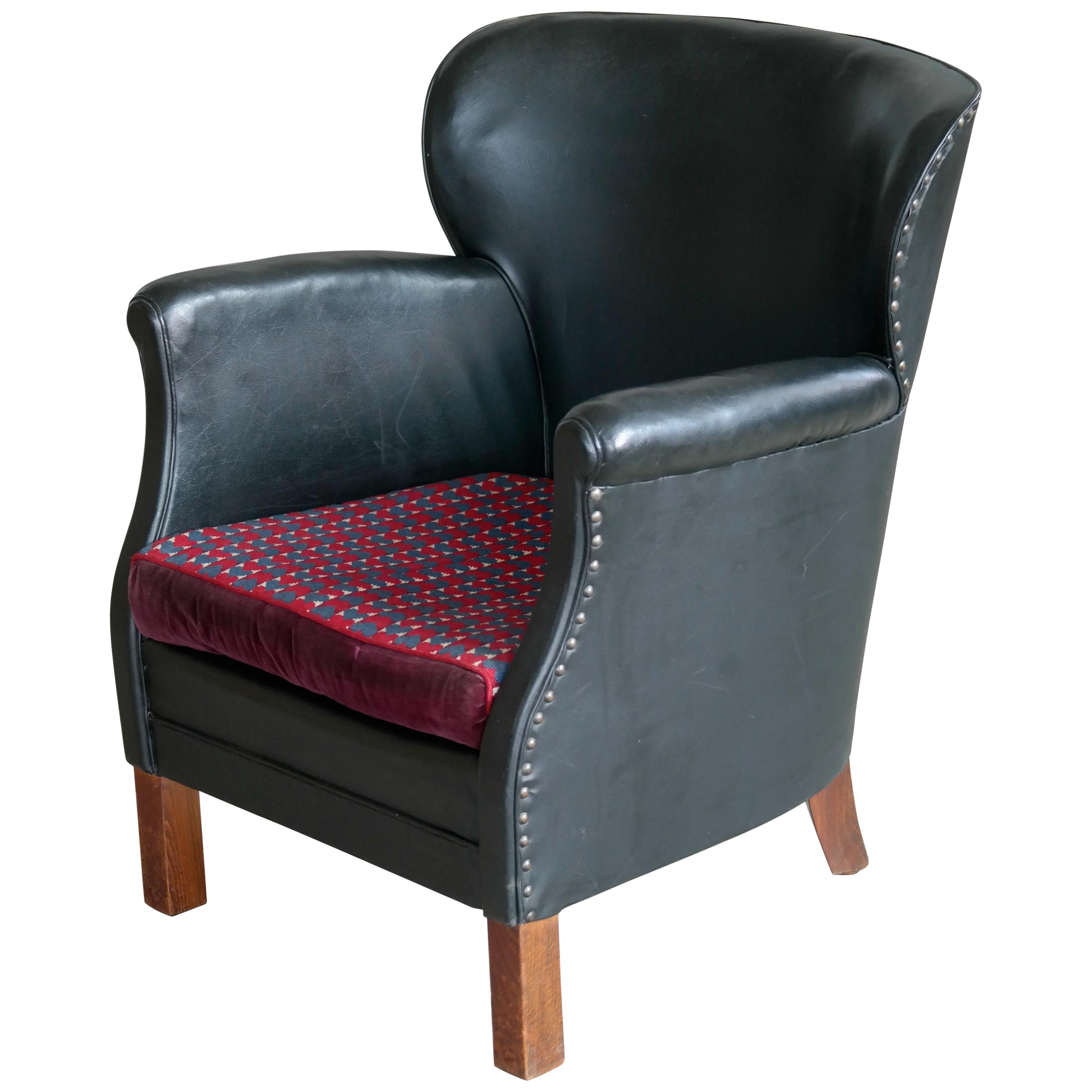 Danish 1930s Small Scale Club Chair in Patinated Black Leather and Studs