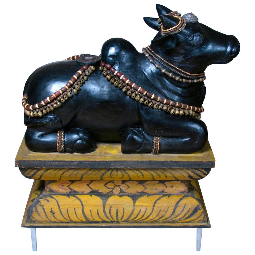 Antique South Indian Carved Wood Bull Figure of Hindu Deity Nandi For Sale