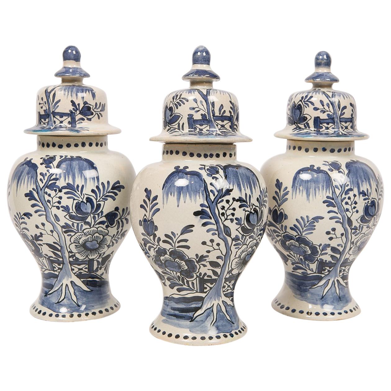Three Blue and White Pottery Delft Style Mantle Jars