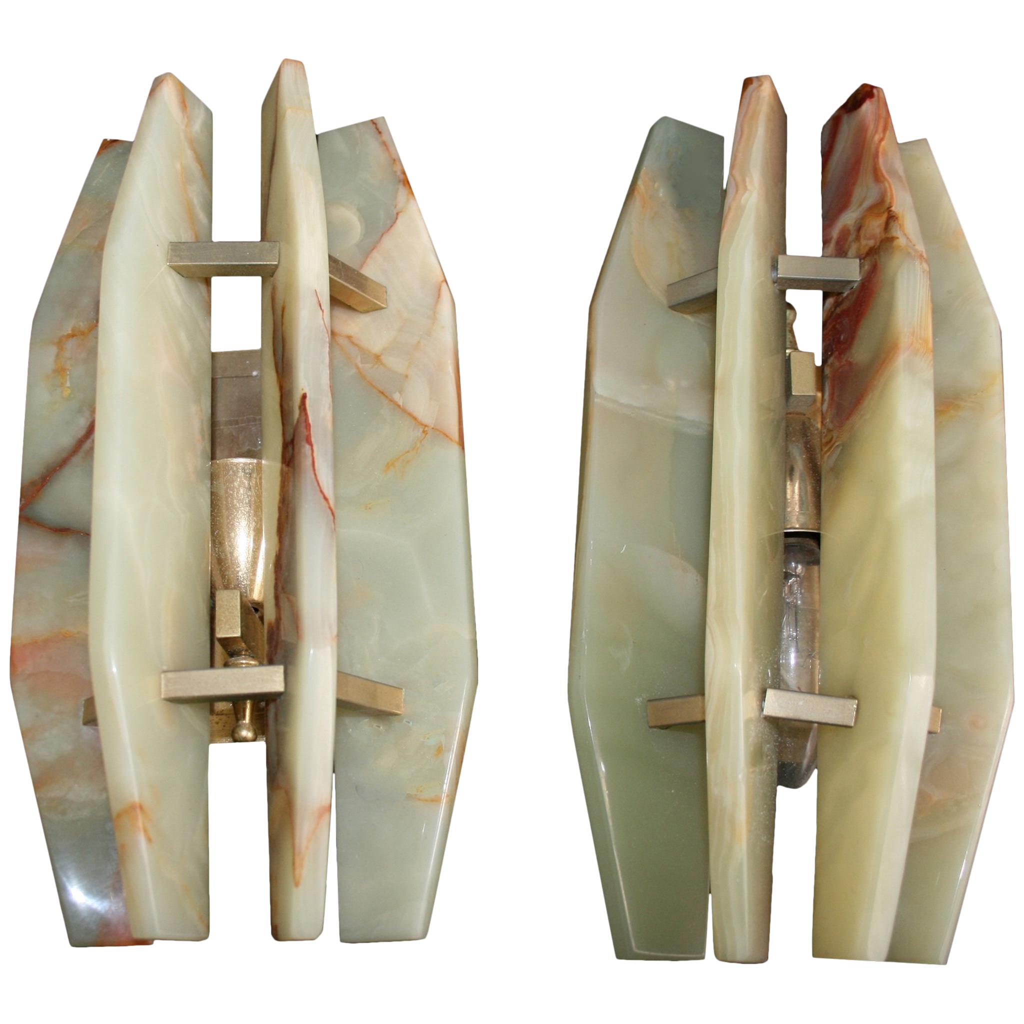 Pair of Italian Midcentury Alabaster and Brass Sconces, Late 1960s