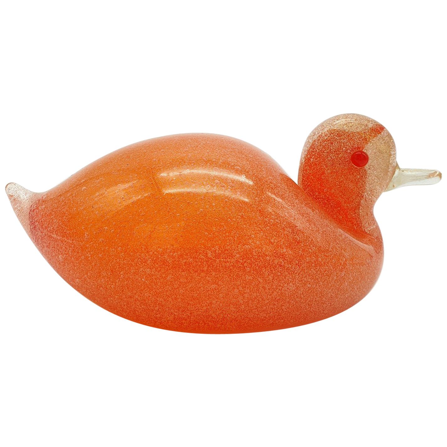 Modern Murano Glass "Pulegoso" Duck in Orange Color by Cenedese, 1990s For Sale