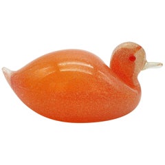 Vintage Modern Murano Glass "Pulegoso" Duck in Orange Color by Cenedese, 1990s