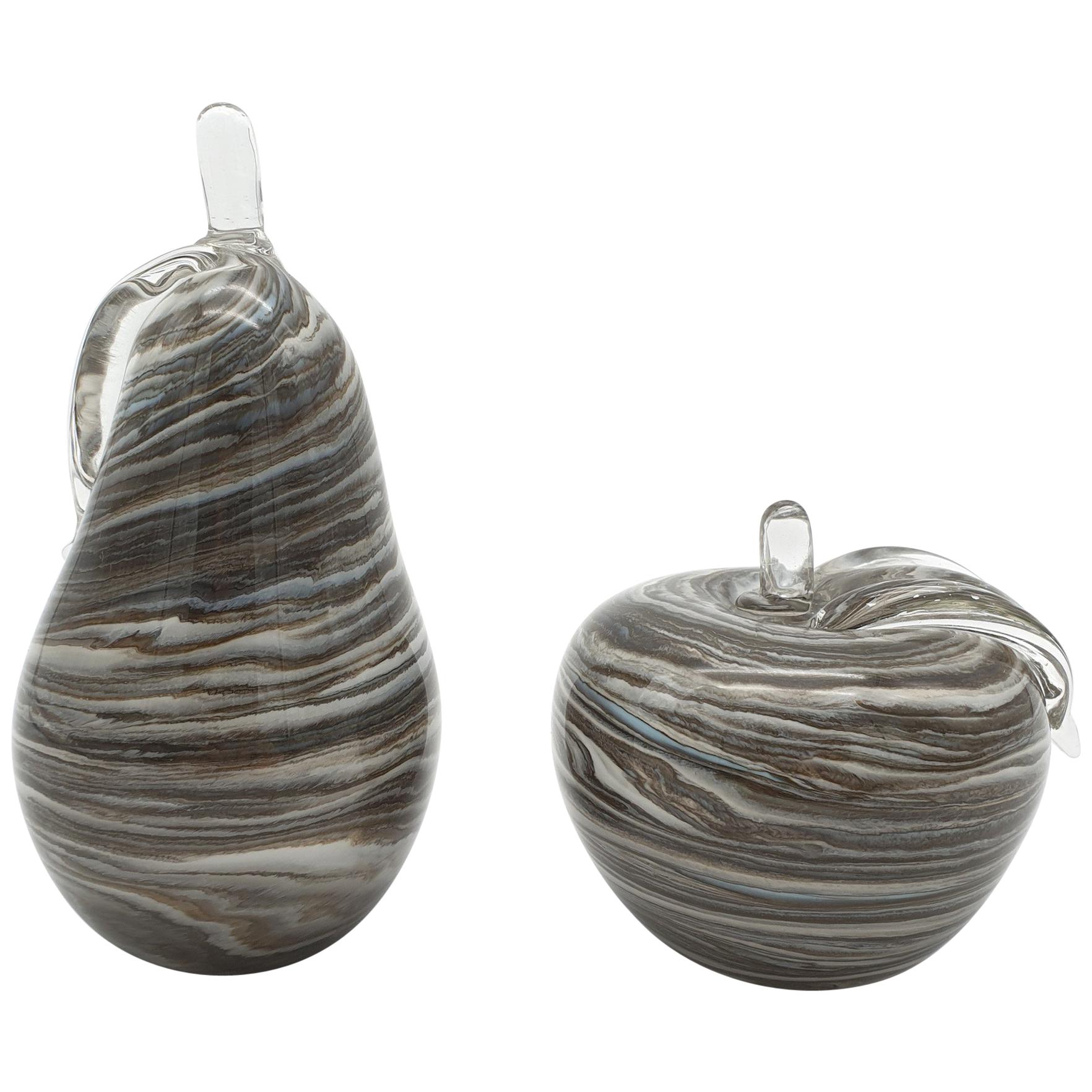 Modern Murano Glass Decorative Apple and Pear, Marbled Gray Color, late 1990s For Sale