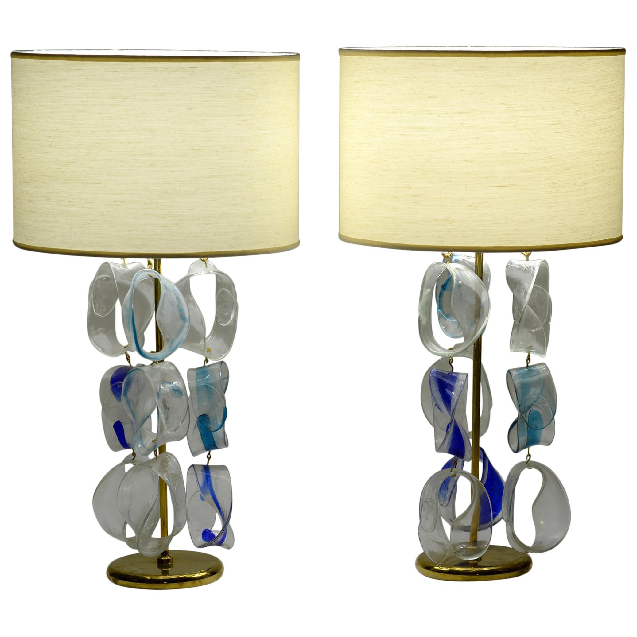 Mazzega Murano Midcentury Pair of Italian Glass and Brass Table Lamps, 1960 For Sale