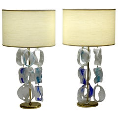 Mazzega Murano Midcentury Pair of Italian Glass and Brass Table Lamps, 1960