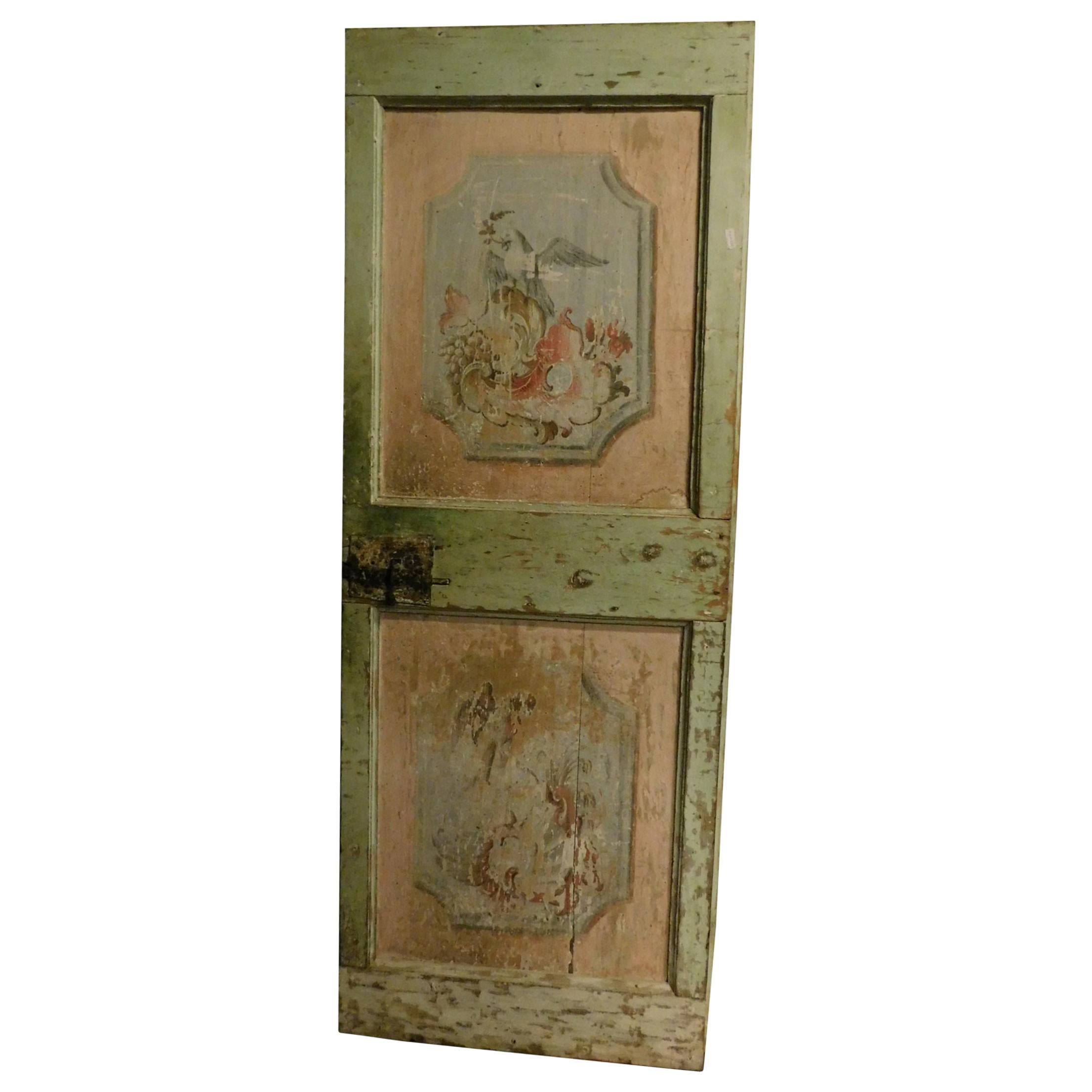19th Century Ancient Green and Pink Lacquered Wood Door, with Animals and Flower