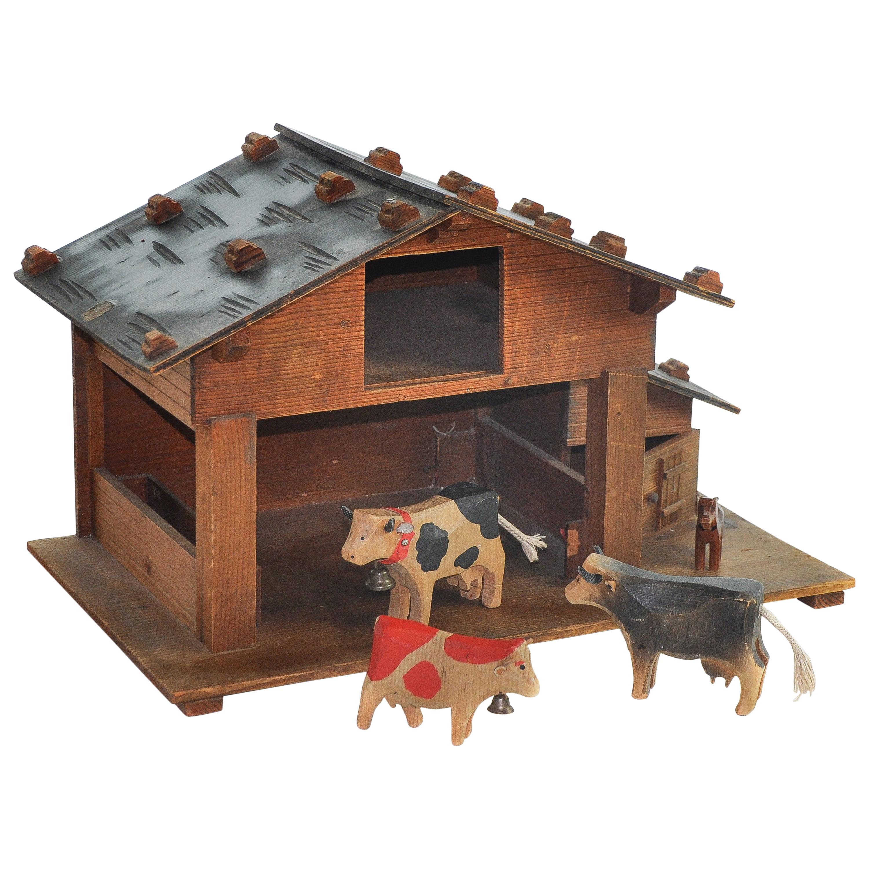 Swiss Folk Art from 1950s, Hand carved Alpine Stable with Animals
