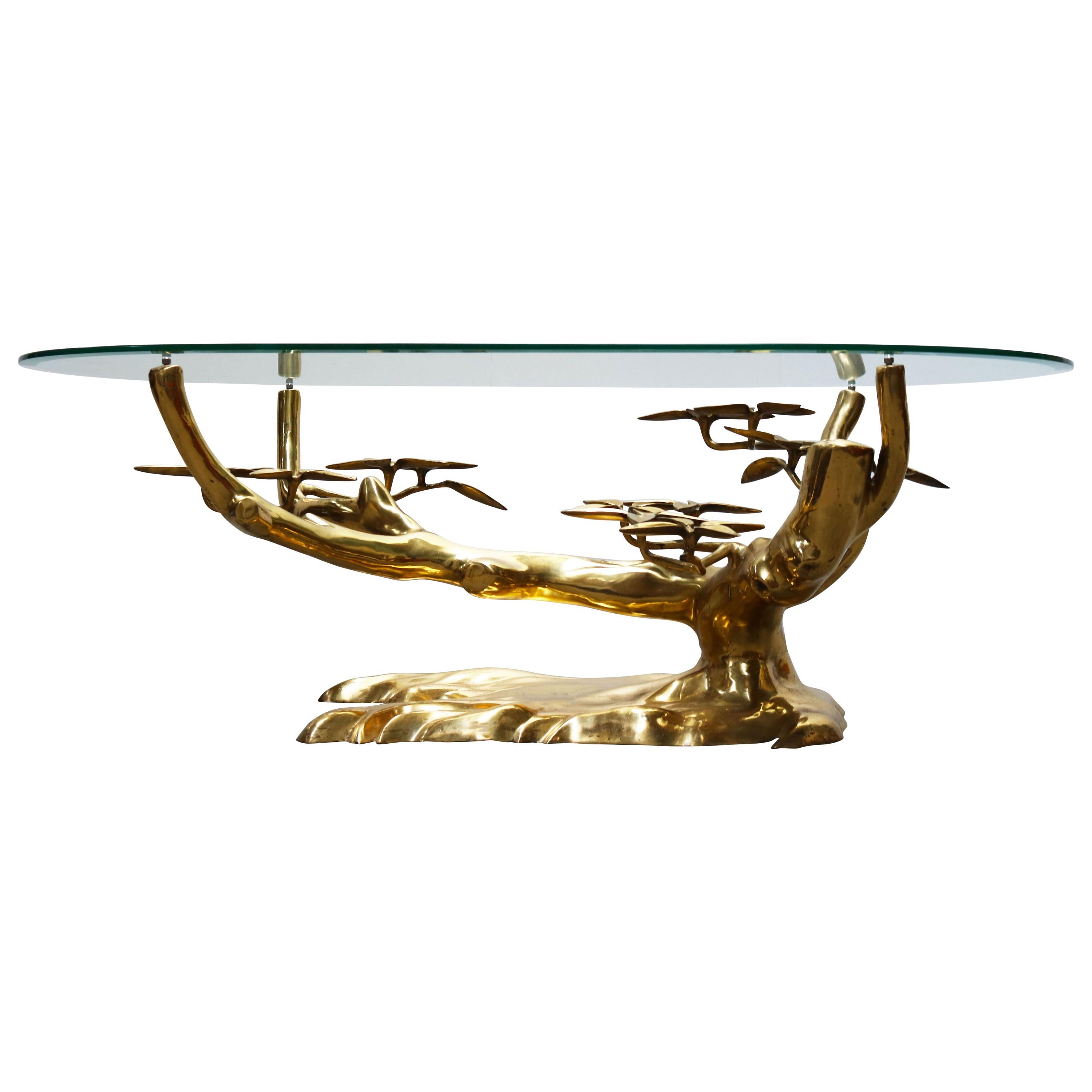 Rare ''Bonsai'' Coffee Table in Brass by Willy Daro 1970s Belgium, Glass, Gold