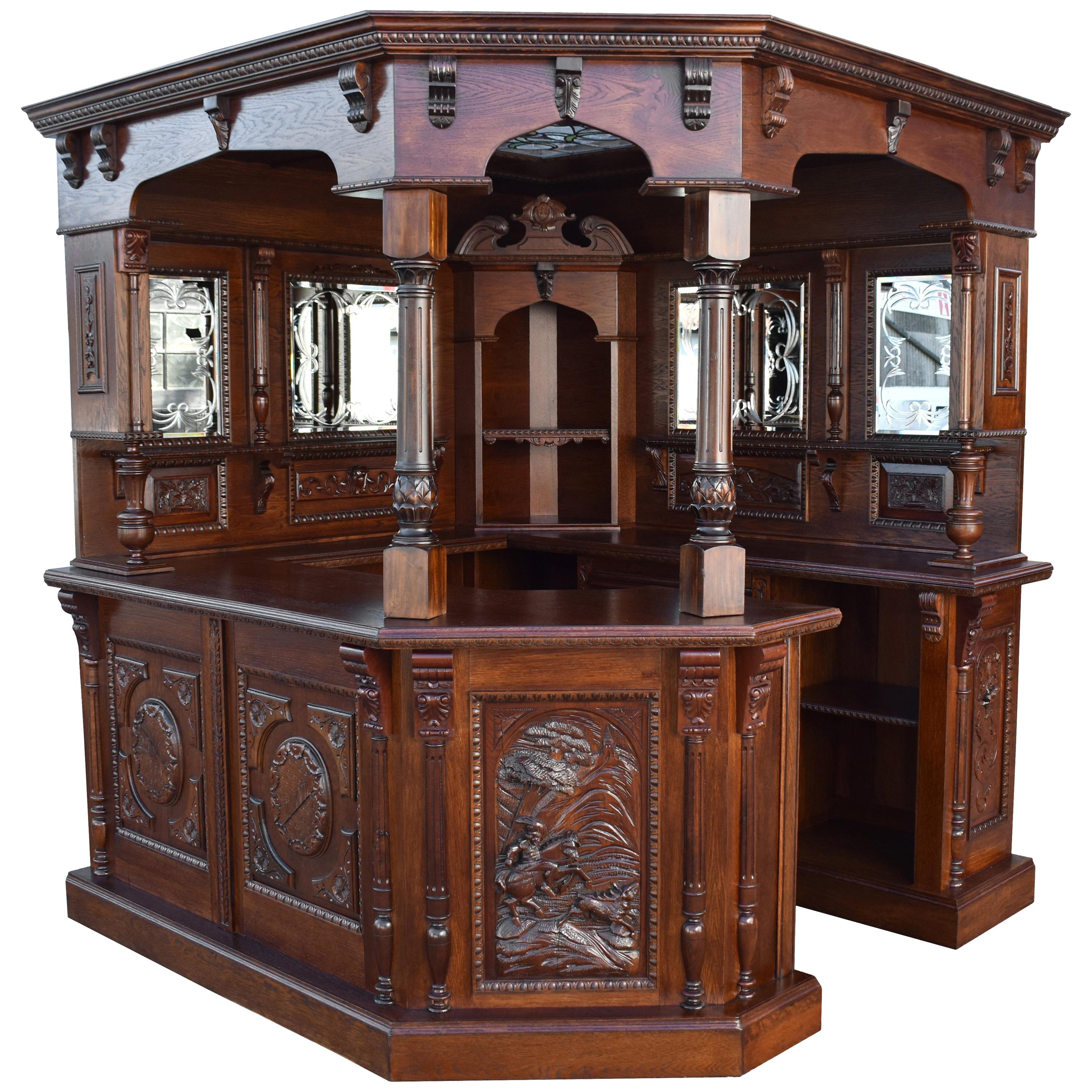 19th Century English Victorian Carved Oak Canted Corner Bar