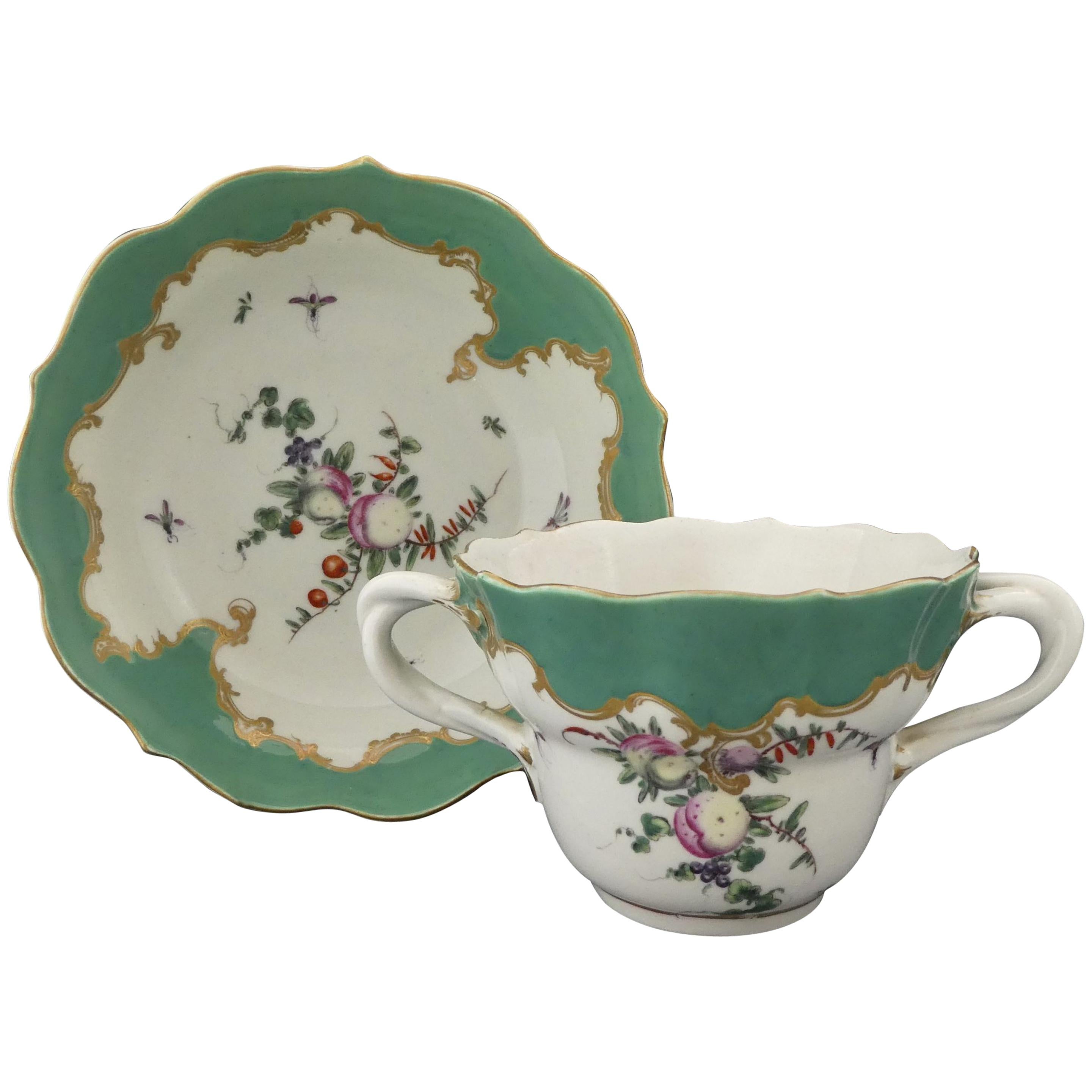 Worcester Porcelain Chocolate Cup and Saucer, ‘Spotted Fruit’ Painter