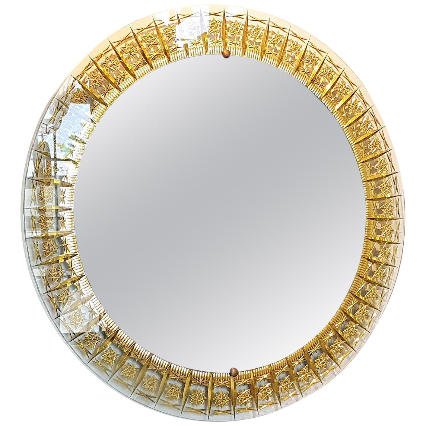 Round Mid-Century Modern Mirror, Glass Gold Carved Frame by Cristal Arte, Italy