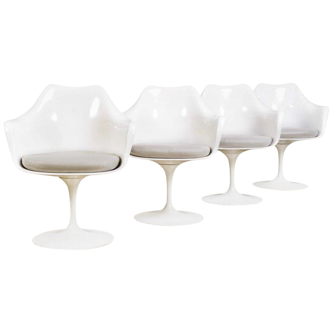 Eero Saarinen for Knoll White Tulip Arm Chairs, Gray Knoll Cushions, Set of 4