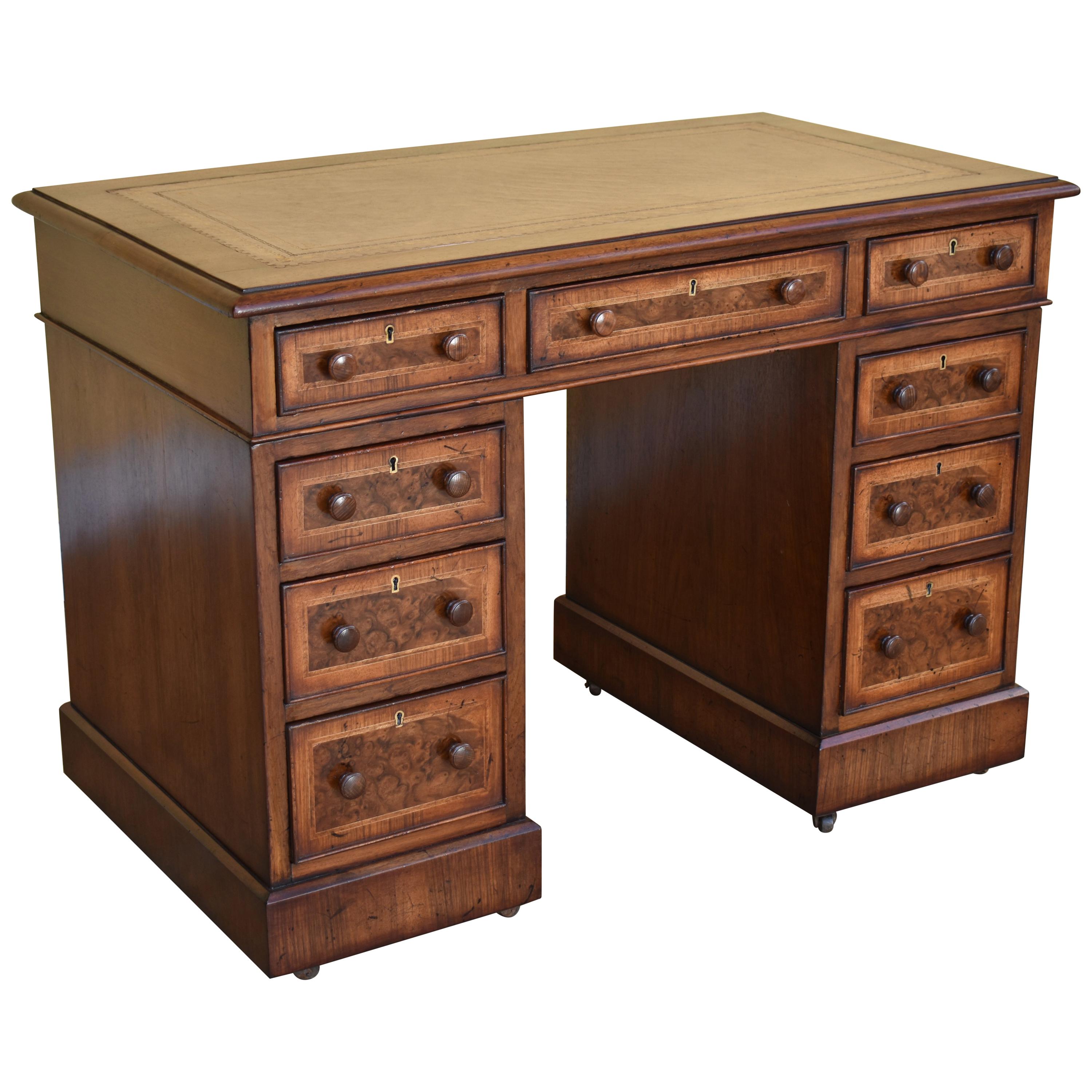 19th Century English Victorian Burr Walnut Pedestal Desk