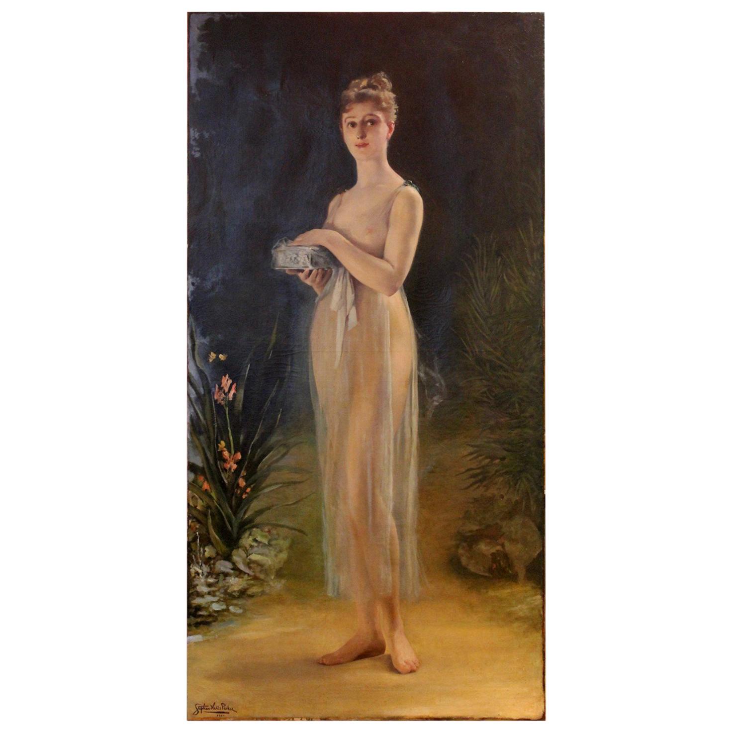 American Art Nouveau Oil on Canvas Painting, Portrait of a Woman in a Landscape