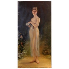 Antique American Art Nouveau Oil on Canvas Painting, Portrait of a Woman in a Landscape