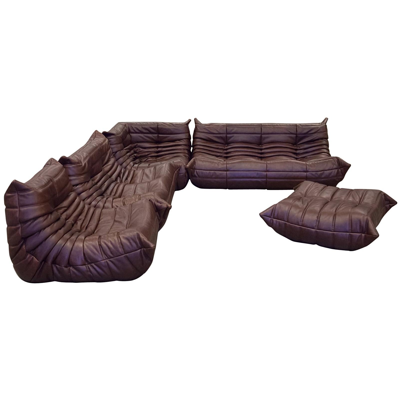 Dark Brown Leather Togo Living Room Set by Michel Ducaroy for Ligne Roset For Sale
