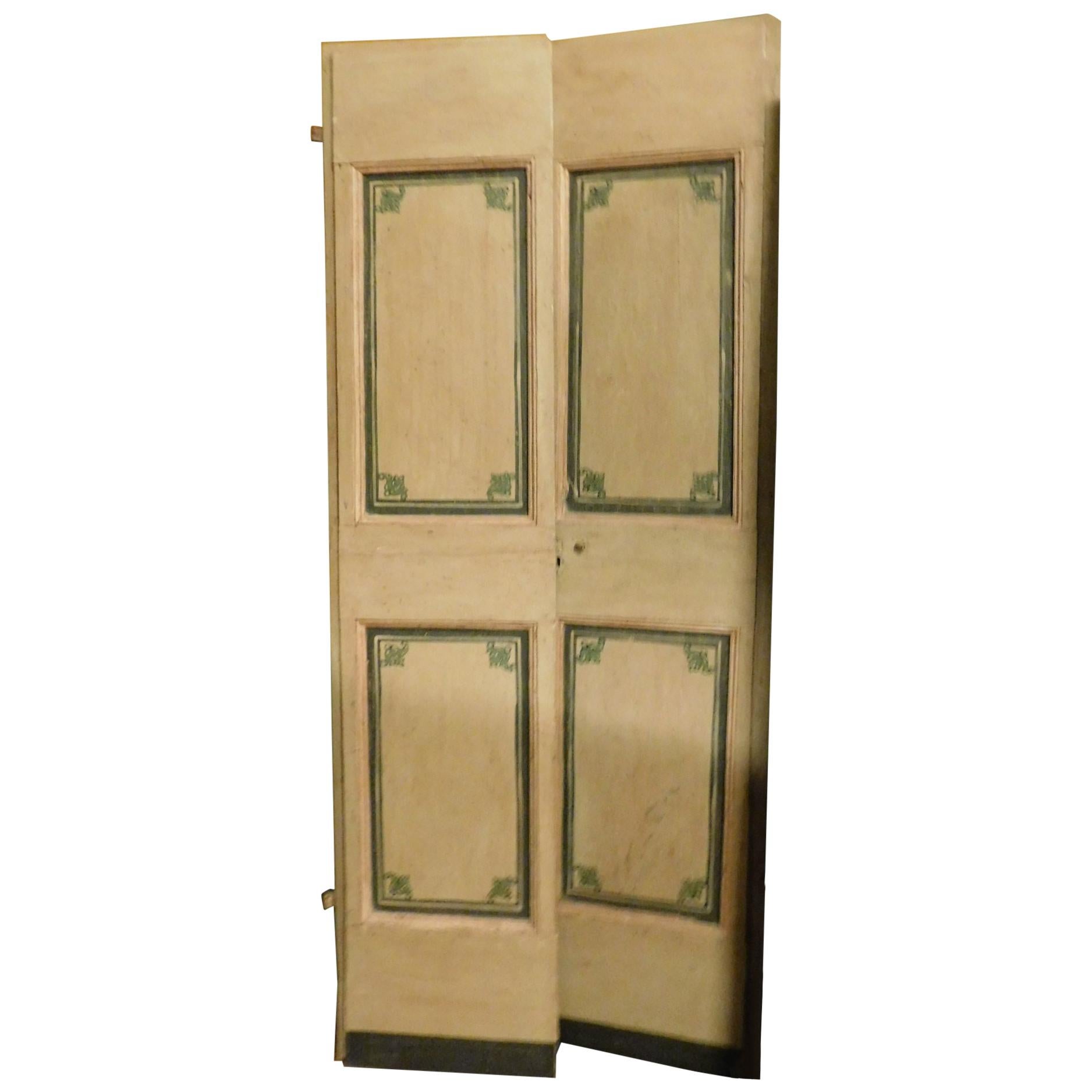 Antique Lacquered Double Door, Beige with Green Decorations, Original Irons