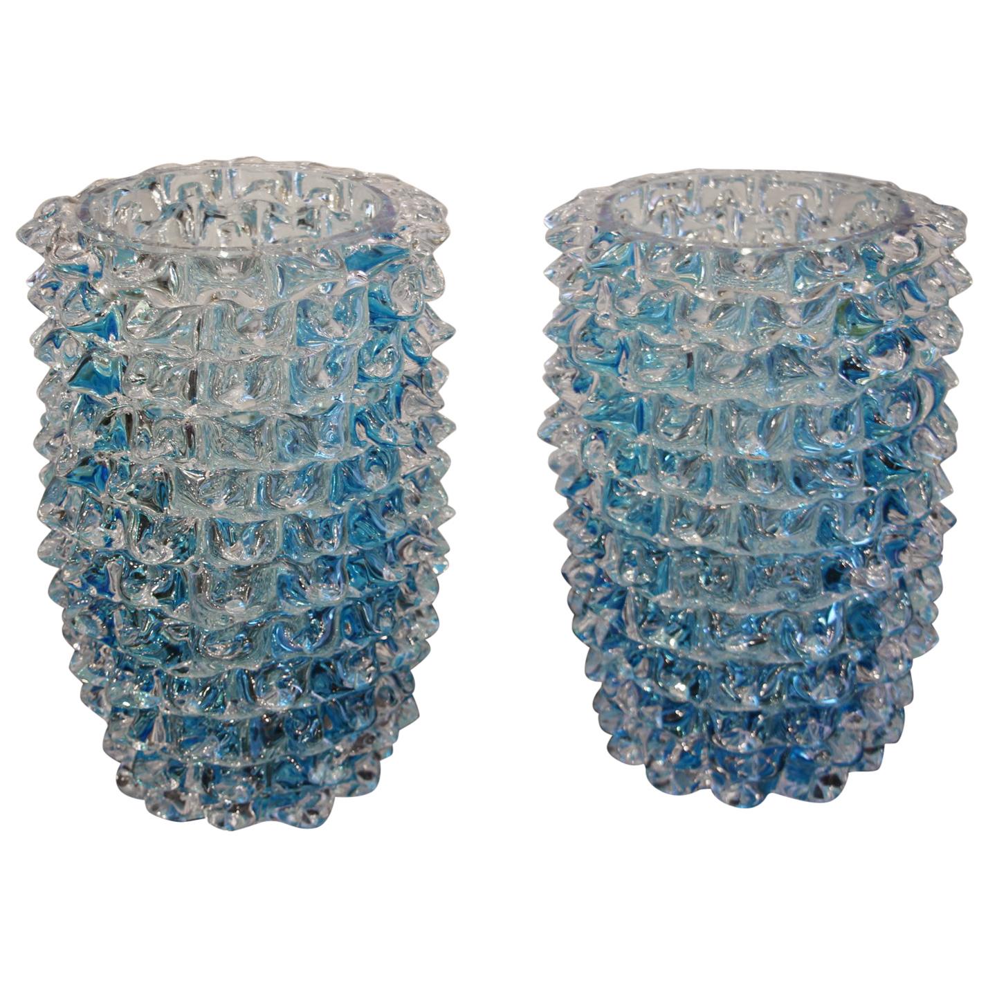 Pair of Turquoise Blue Vase in Murano Glass with Spikes Decor, Barovier Style