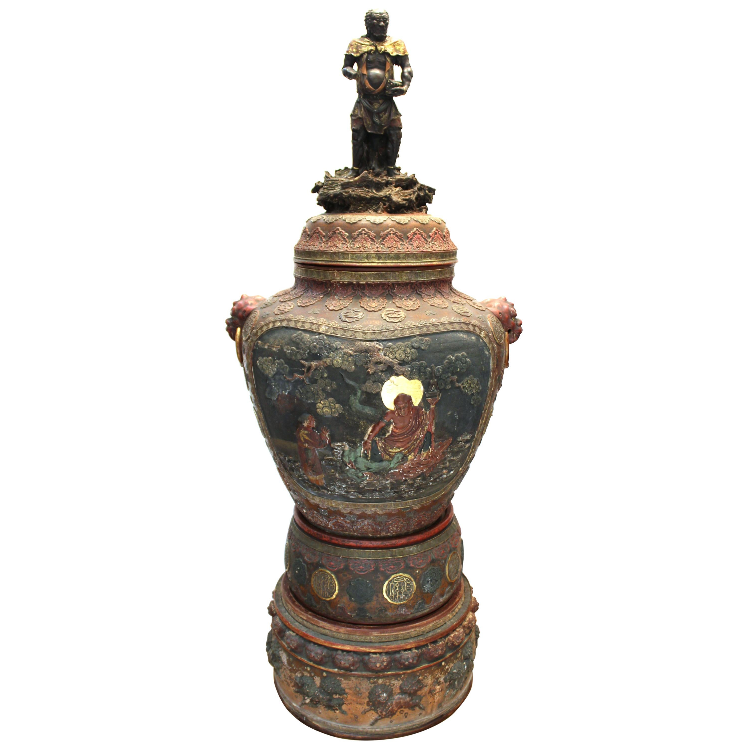 Japanese Meiji Satsuma Polychrome Monumental Lidded Vase on Stand