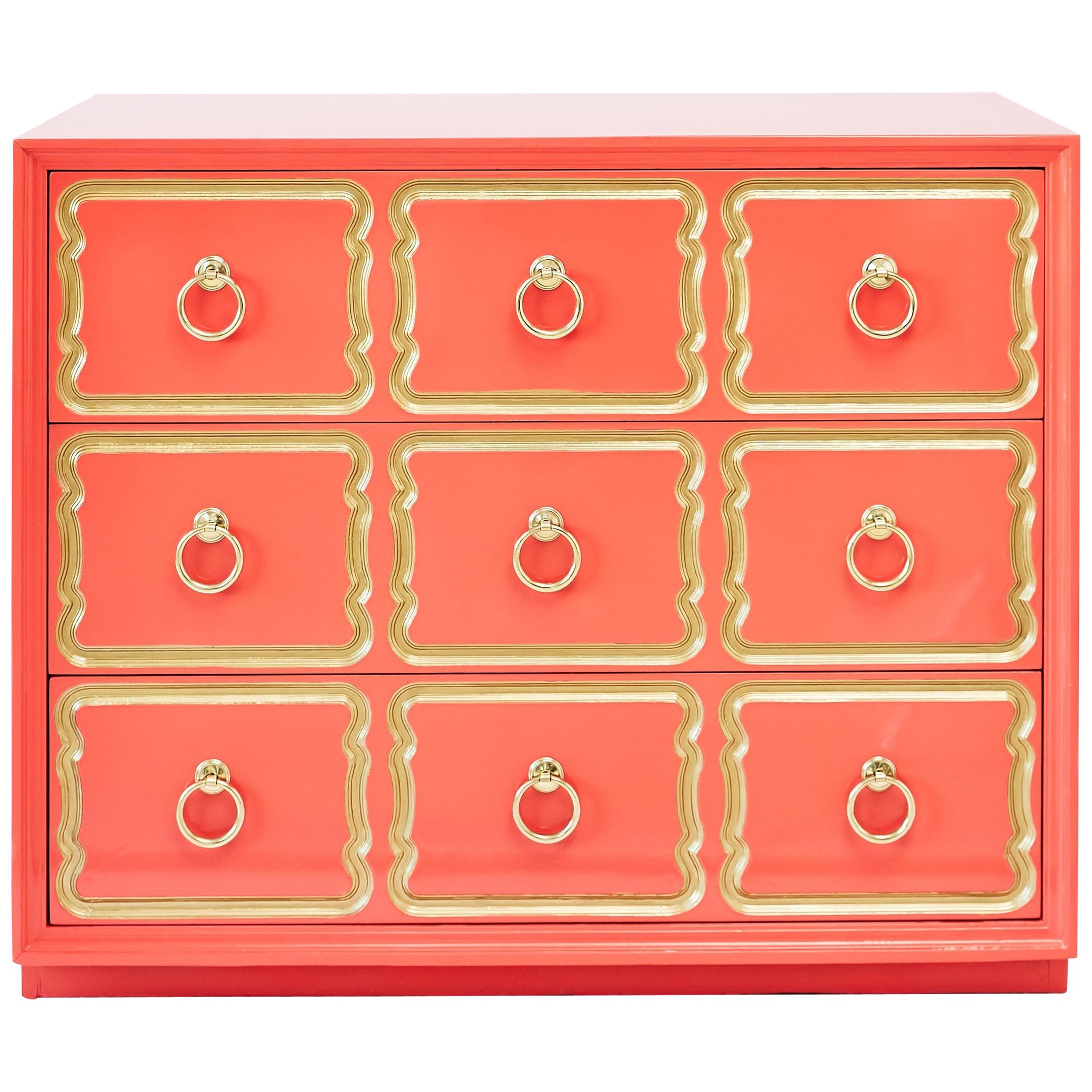 Authentic Dorothy Draper Espana Chest in Coral Lacquer 'Pair Available'