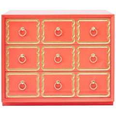 Authentic Dorothy Draper Espana Chest in Coral Lacquer 'Pair Available'