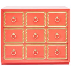 Vintage Authentic Dorothy Draper Espana Chest in Coral Lacquer 'Pair Available'