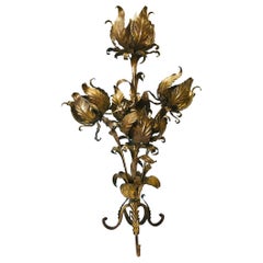 Mid-Century Modern Large Italian Gilt Gold Metal Tole Floral Table Lamp
