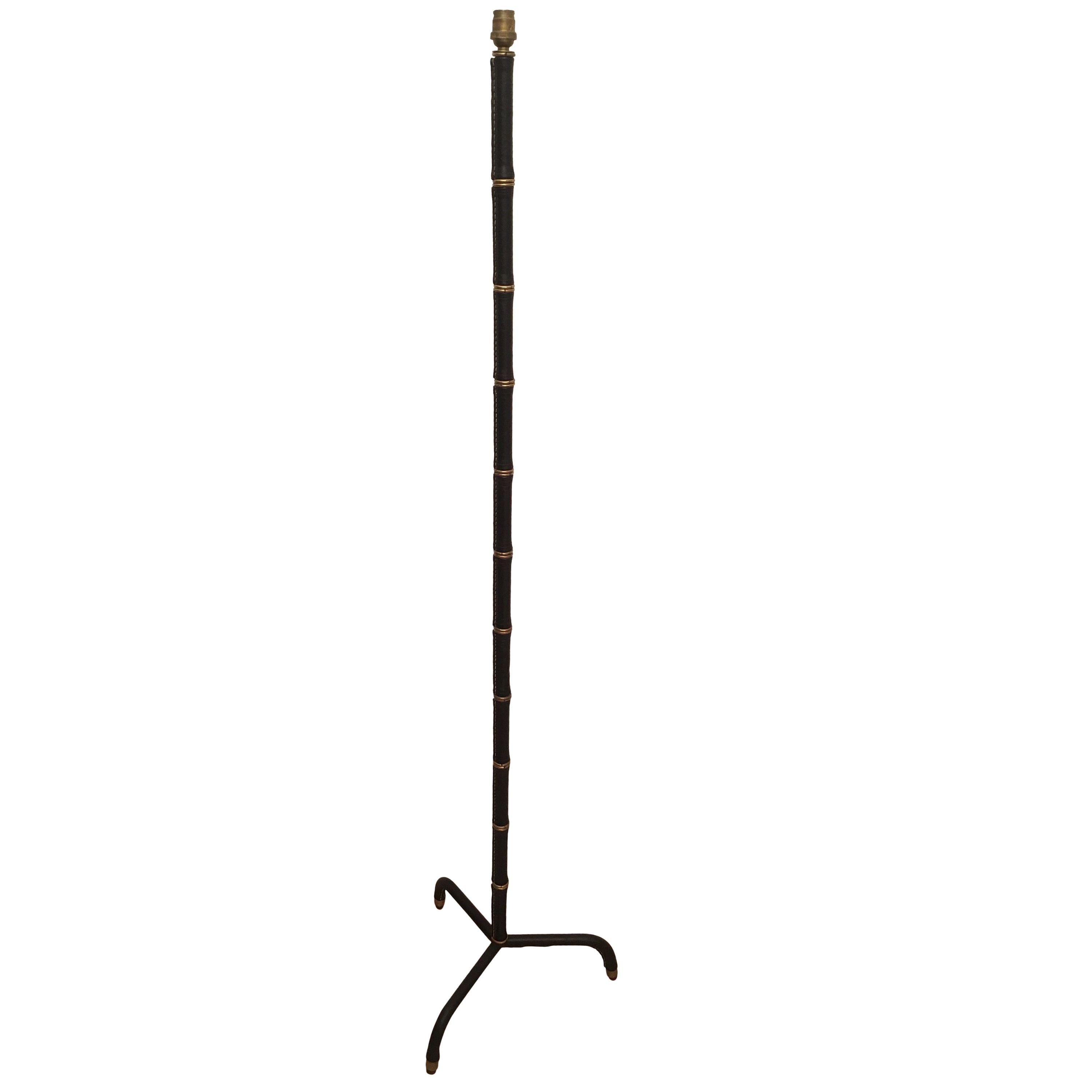 Jacques Adnet Black Stitched Leather Floor Lamp, Bamboo Form, French, 1950s For Sale