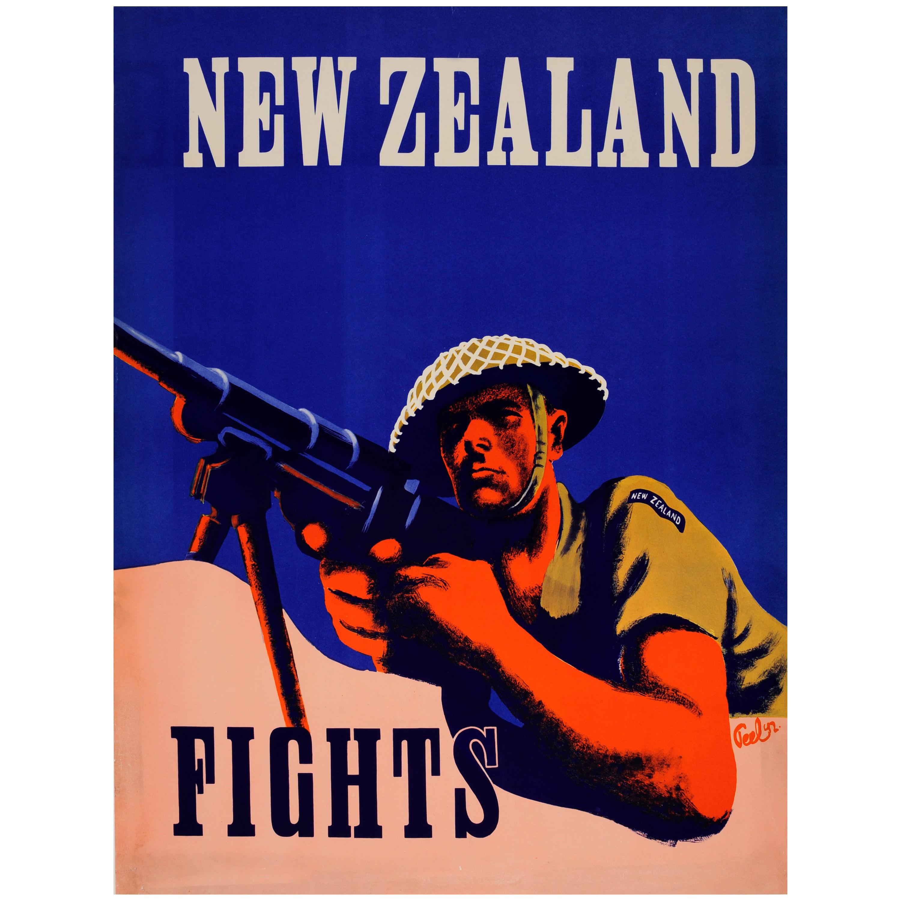 Original Vintage World War Two Poster New Zealand Fights WWII Military History